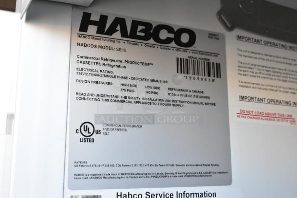 2019 Habco SE18 Commercial Single Door Cooler; 115 Volts, 1 Phase; Poly Coated Racks; UL listed label visible.