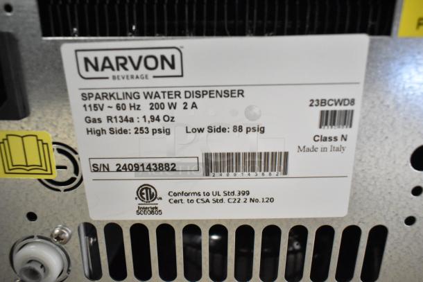 2024 Narvon 23BCWD8 countertop water dispenser label, showing 115V, 60Hz, with sparkling water option, made in Italy.