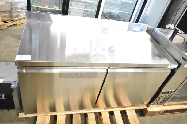 Brand new Avantco 178SSWT60RHC commercial 60" two-door worktop refrigerator with 3.5" backsplash. Scratch and dent.