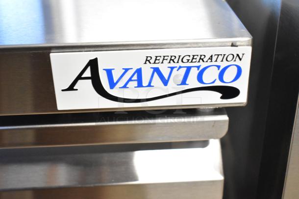 Brand new Avantco 178SSWT60RHC 60" two-door worktop refrigerator, 3 1/2" backsplash, 115 volts, visible Avantco logo.