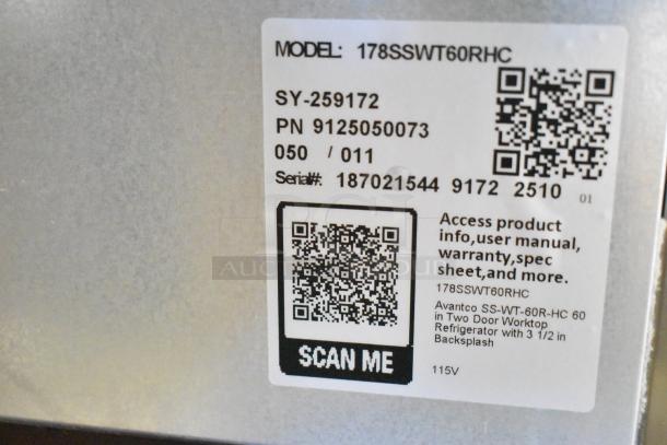 Label on Avantco 178SSWT60RHC refrigerator showing model, serial number, QR codes for product info, 115V.