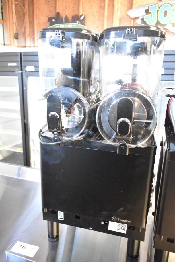 Brand new Sencotel Freazy 2 slushie machine, dual hoppers, countertop model, 115V, 1 phase, minor scratches, visible labels.