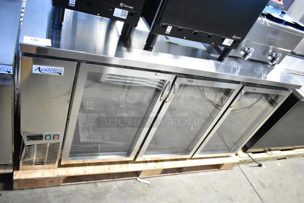Brand new Avantco 178UBB72GHCS 73" stainless steel bar refrigerator with narrow glass doors, LED lighting, 115V, 1 phase.