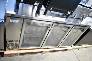 Brand new Avantco 178UBB72GHCS 73" stainless steel bar refrigerator with narrow glass doors, LED lighting, 115V, 1 phase.
