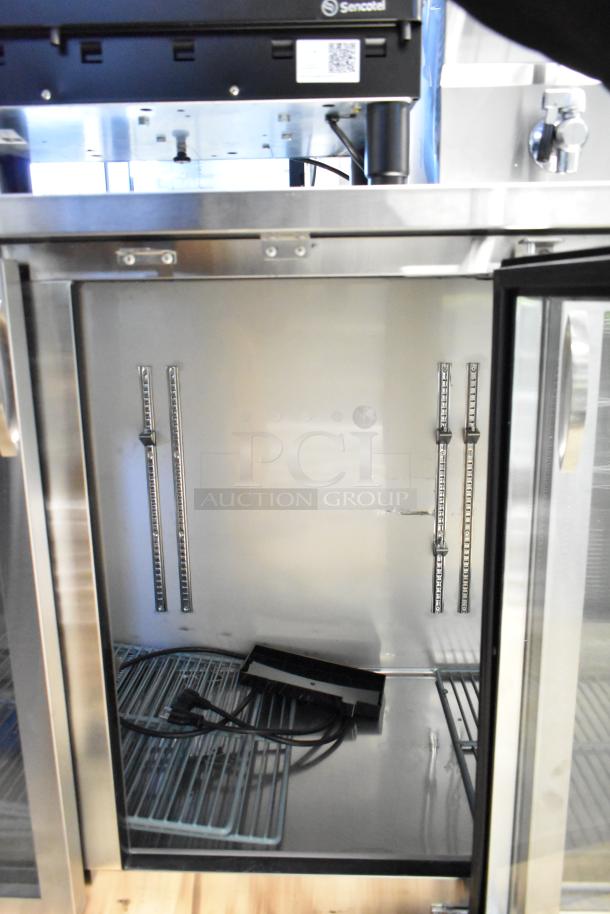 Brand new Avantco 178UBB72GHCS back bar refrigerator, narrow glass door, stainless steel, LED lighting, 73", 115V, 1 phase.