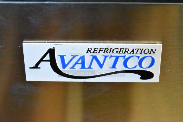 Avantco label on stainless steel surface of 178UBB72GHCS back bar refrigerator, new scratch and dent condition.