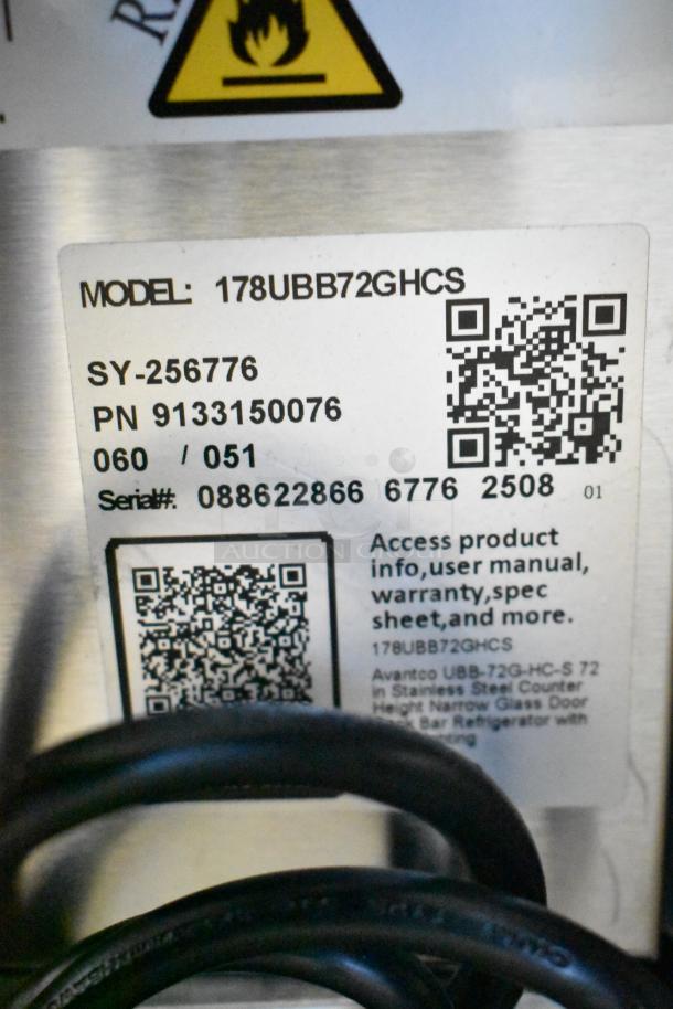 Avantco 178UBB72GHCS label showing model number, serial number, and QR code for product information and specs.