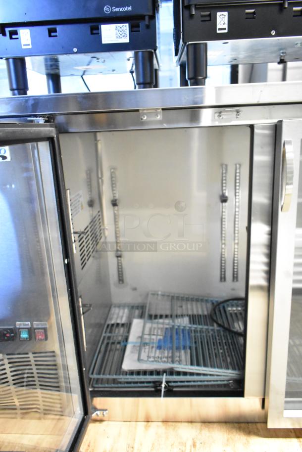 Brand new Avantco 178UBB72GHCS 73" stainless steel back bar refrigerator, narrow glass door, LED lighting, 115V, 1 phase.