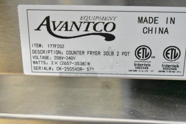 Avantco 177F202 countertop fryer label with 30 lb dual tank capacity, 208-240V, 2x(2657-3538)W power, made in China.