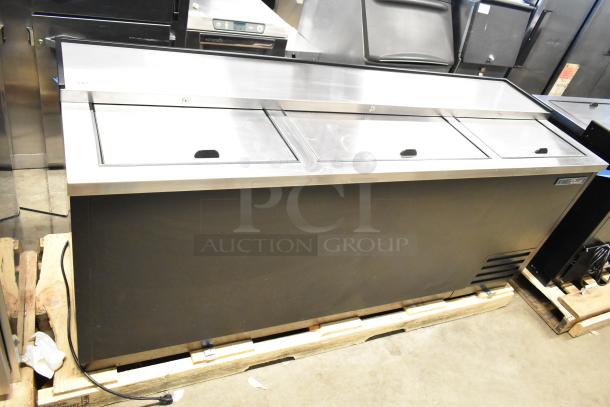 BRAND NEW True TD-80-30-HC commercial black horizontal bottle cooler with 3 sliding lids, minor scratches, 115 volts, 1 phase.