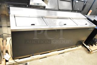 BRAND NEW True TD-80-30-HC commercial black horizontal bottle cooler with 3 sliding lids, minor scratches, 115 volts, 1 phase.