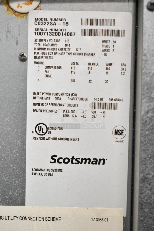 Scotsman C0322SA-1B commercial ice machine label showing model, voltage (115V), phase, and certification details.