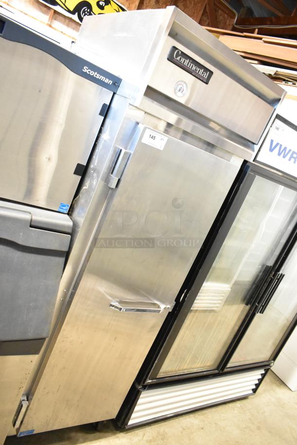 Continental 1R commercial single door reach-in cooler with poly coated racks, 115 volts, 1 phase, stainless steel finish.