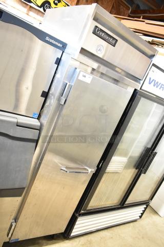 Continental 1R commercial single door reach-in cooler with poly coated racks, 115 volts, 1 phase, stainless steel finish.