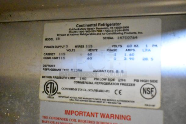 Continental 1R commercial single door cooler with poly coated racks. Model 1R, 115 volts, 1 phase. Refrigerant R134A.