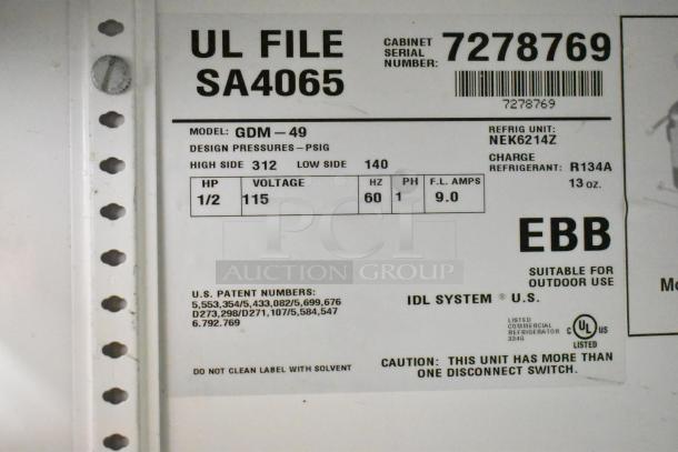 True GDM-49 reach-in cooler label, showing model details, 115 volts, 1/2 HP, R134A refrigerant, serial number 7278769.