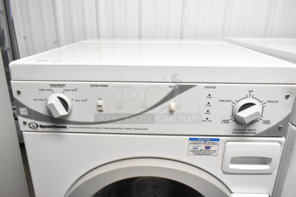 Speed Queen AFN50FSP111TW01 washer, front-load, commercial high-efficiency, stainless steel, good condition, visible controls.