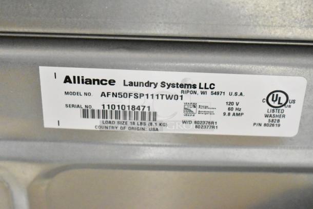 Speed Queen Alliance AFN50FSP111TW01 washer model label, 18 lb load size, 120V, located in USA.