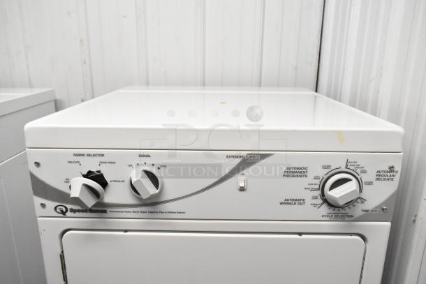 Speed Queen Alliance front load dryer, model ADG4BFGS111TW01, white exterior, fabric selector, and signal knobs.