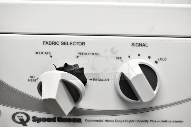 Speed Queen Alliance front load washer and dryer controls, featuring fabric and signal selectors, visible Speed Queen logo.