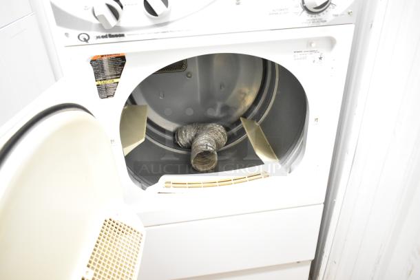 Speed Queen Alliance front load dryer, model ADG4BFGS111TW01, with open drum and visible duct. Condition appears used.