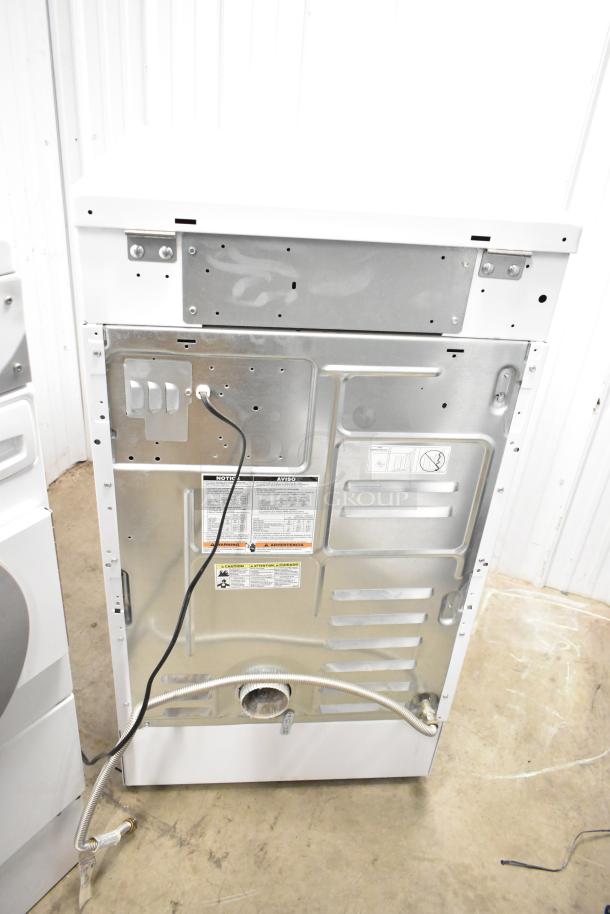 Speed Queen Alliance AFN50FSP111TW01 washer and ADG4BFGS111TW01 dryer back view, with labels and connectors detailed.