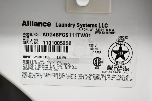 Label on Speed Queen Alliance Dryer ADG4BFGS111TW01, showing model, serial number 1101005252, and specifications.