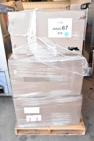 Five new Lancaster Table & Seating black ladder back chair frames, scratch and dent condition, boxed on a pallet.