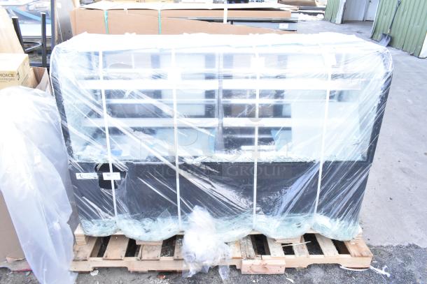 Brand new Avantco 193BC72HCB 72" black refrigerated bakery display case, wrapped, with visible glass damage. 110-120V, 1 phase.