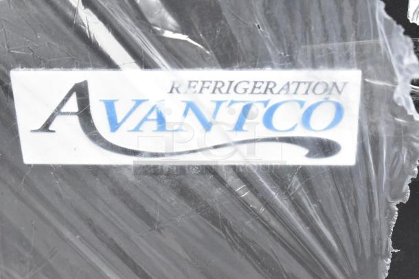 Avantco logo detail on the 193BC72HCB model refrigerated bakery display case under protective wrap.