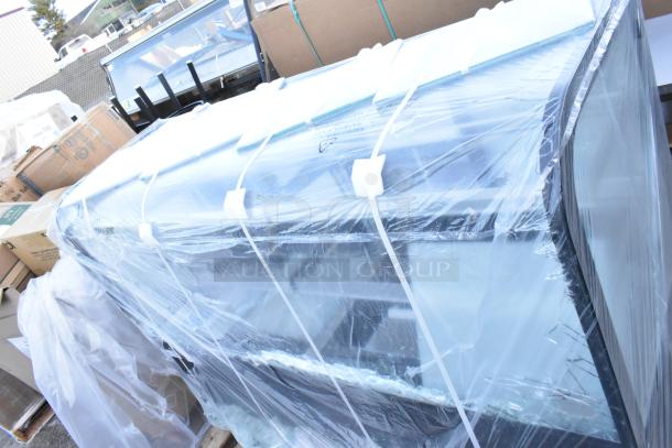 Brand new Avantco 193BC72HCB 72" curved glass black refrigerated bakery display case, wrapped in plastic. See glass damage.
