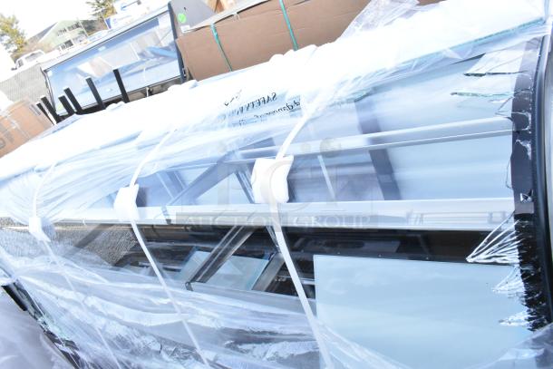 Brand new Avantco 193BC72HCB 72" curved glass bakery display case, black, 110-120V, 1 phase, minor glass damage visible.