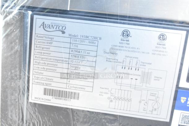 Avantco 193BC72HCB label showing model, voltage, and specifications for a refrigerated bakery display case, 110-120V, 1 phase.