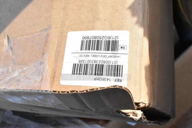 Label on cardboard box, showing item code "14360XP" with barcodes. Condition: scratch and dent. Packaging slightly damaged.