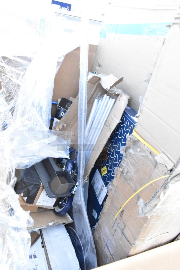 Auction lot of 13 brand new scratch and dent items, including blue chair, sinks, and pan racks. Items boxed with visible QR labels.