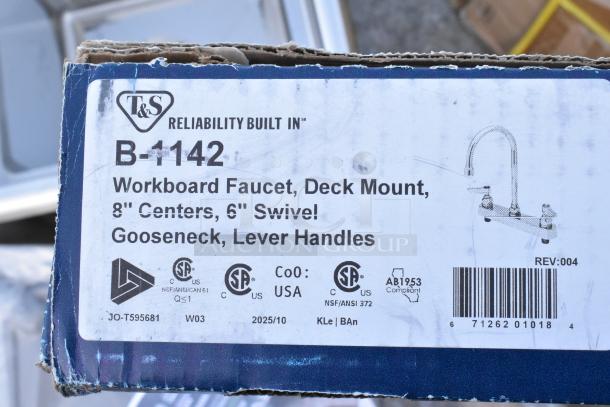 Box of T&S B-1142 Workboard Faucet, featuring 8" centers and 6" swivel. Includes gooseneck and lever handles. Made in USA.