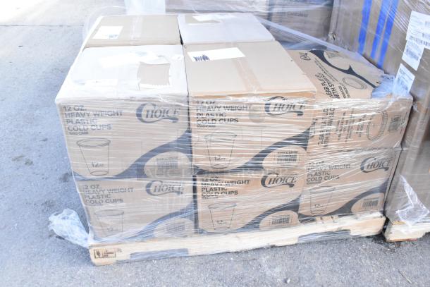 Large pallet with multiple boxes of Choice 12 oz heavy weight plastic cold cups, wrapped in clear plastic. Brand new condition.