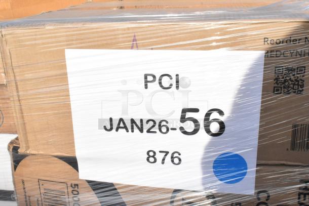 Boxes wrapped in plastic with a label reading "PCI JAN26-56 876." Contains paper towels, lids, containers, gloves.