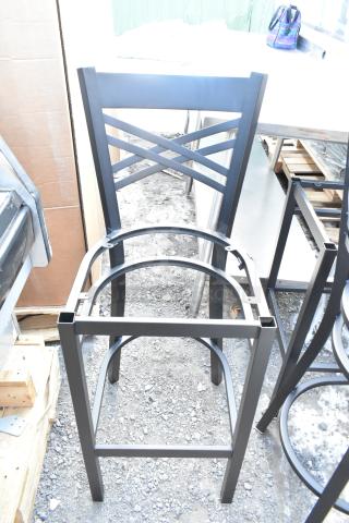 Black metal cross back bar height chair frame, scratch and dent, new condition. No seat included. Auction for six pieces.