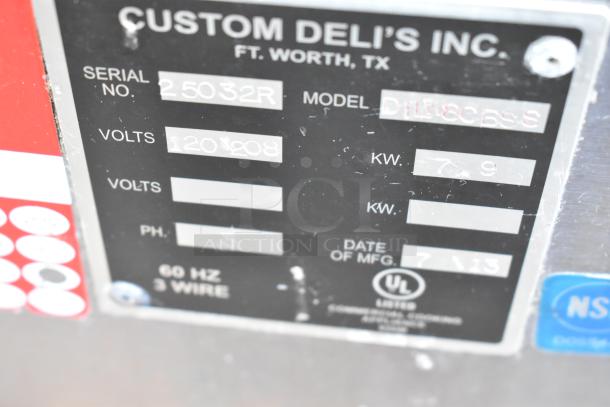 Custom Deli's DILW8CBSS display case label, showing serial, voltage (120/208), KW (7.9), and manufacture date (7/13).