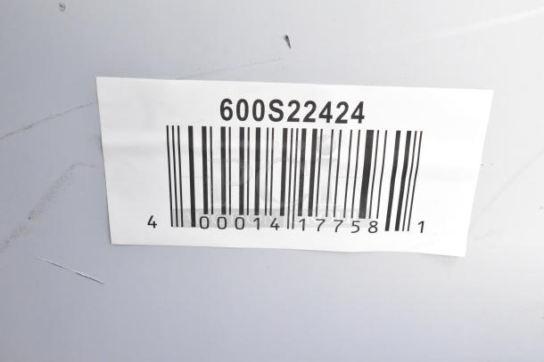 Barcode label for Regency 600S22424 stainless steel 2-bay sink, no legs, brand new with scratch and dent condition.