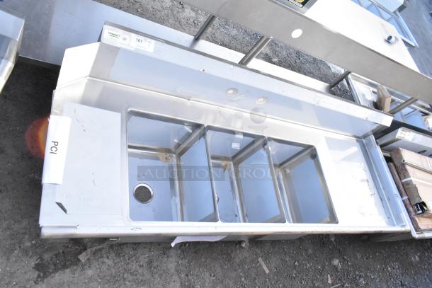 Brand new Regency 600DDTS384RT 16-gauge soiled dish table with 3-compartment sink, 16" x 20" x 14" bowls, right drainboard.