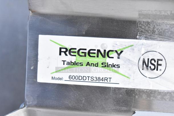 Regency 600DDTS384RT label on a stainless steel 3-compartment sink, NSF certified, for dirty dishes, scratch and dent condition.