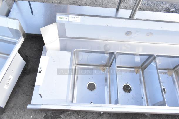 alt="Brand new Regency 600DDTS384RT 16-gauge 7' soiled dish table with 3-compartment sink. Right drainboard, no legs, visible scratches and dents."