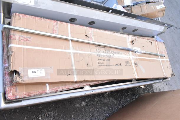 Brand new 460EC1872 18" x 72" chrome wire shelf in original package with visible dents and Priority Mail tape.
