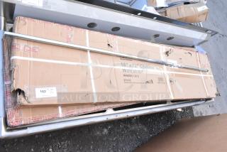 Brand new 460EC1872 18" x 72" chrome wire shelf in original package with visible dents and Priority Mail tape.