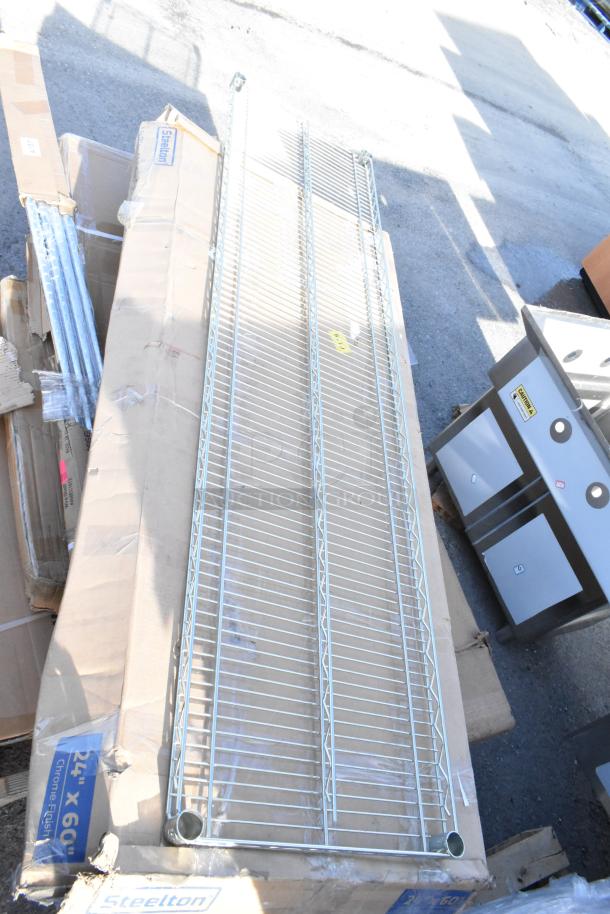 Steelton 24x60-inch chrome wire shelf, new condition, on cardboard box. Scratch and dent sale.