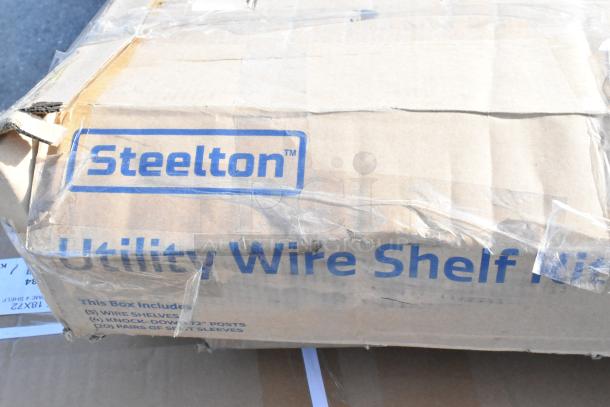 Cardboard box labeled "Steelton Utility Wire Shelf Kit," showing signs of wear. Contains wire shelves and posts.