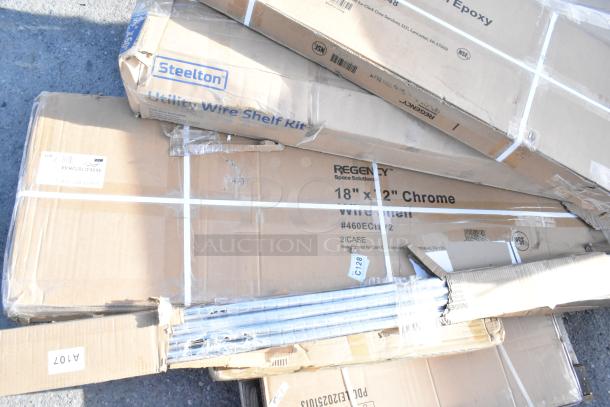 12 new scratch-and-dent items: Steelton Utility Wire Shelf Kit, Regency 18"x12" Chrome Wire Shelf; sealed boxes.