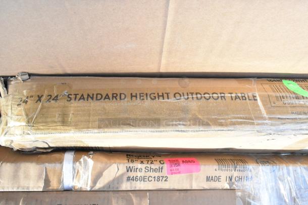 12 new scratch and dent items including a 24"x24" outdoor table and 18"x72" wire shelf. Visible box markings.